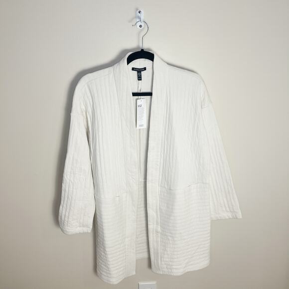 New Eileen Fisher Soft White High Collar Long Blazer Jacket Medium Petite - Picture 2 of 8